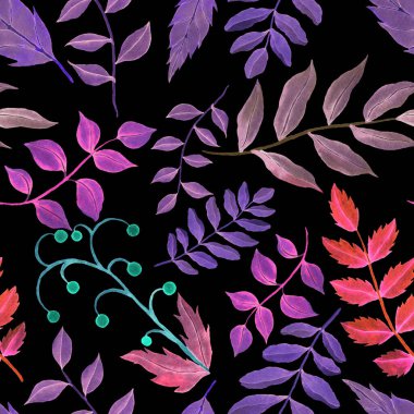 Vintage yapraklı suluboya desenli. Dekoratif tasarım için renkli yaprakları olan güzel bir botanik baskısı. Parlak bahar ya da yaz arkaplanı. Klasik düğün dekoru. Tekstil tasarımı.