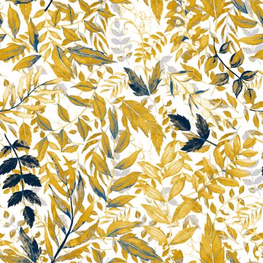 Vintage yapraklı suluboya desenli. Dekoratif tasarım için renkli yaprakları olan güzel bir botanik baskısı. Parlak bahar ya da yaz arkaplanı. Klasik düğün dekoru. Tekstil tasarımı.
