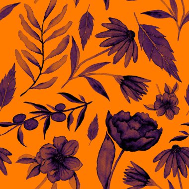 Çiçeklerle suluboya kusursuz desen. Klasik çiçek desenleri. Çiçeksiz desen. Botanik sanatı. Çiçek botanik koleksiyonu. Çiçek seti. Suluboya botanik tasarımı.