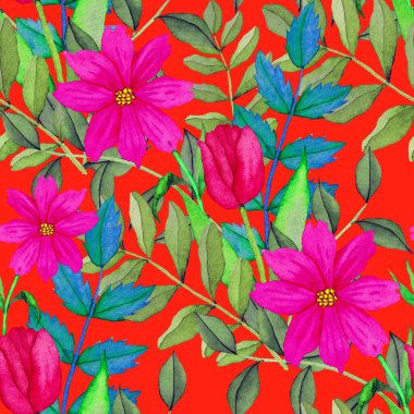 Çiçeklerle suluboya kusursuz desen. Klasik çiçek desenleri. Çiçeksiz desen. Botanik sanatı. Çiçek botanik koleksiyonu. Çiçek seti. Suluboya botanik tasarımı.