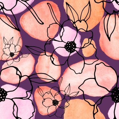 Çizgili sanat çiçekleri ve suluboya lekeleri olan yaratıcı kusursuz desen. Moda soyut modern vintage baskı.