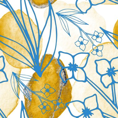 Çizgili sanat çiçekleri ve suluboya lekeleri olan yaratıcı kusursuz desen. Moda soyut modern vintage baskı.