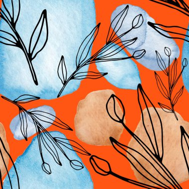 Çizgili sanat çiçekleri ve suluboya lekeleri olan yaratıcı kusursuz desen. Moda soyut modern vintage baskı.