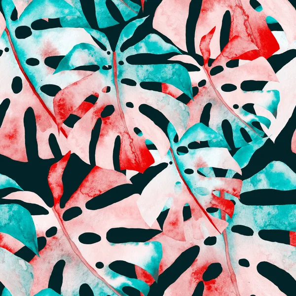 Watercolor Seamless Pattern Colorful Abstract Tropical Leaves Bright Summer Print — Stock Photo, Image