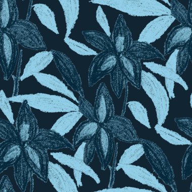 Balmumu pastel boyalarla çizilmiş soyut çiçekleri olan yaratıcı, pürüzsüz desen. Parlak renkli çiçek deseni.