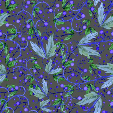 Vintage yapraklı suluboya desenli. Dekoratif tasarım için renkli yaprakları olan güzel bir botanik baskısı. Parlak bahar ya da yaz arkaplanı. Klasik düğün dekoru. Tekstil tasarımı.