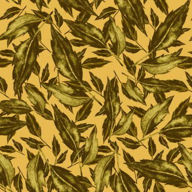 Vintage yapraklı suluboya desenli. Dekoratif tasarım için renkli yaprakları olan güzel bir botanik baskısı. Parlak bahar ya da yaz arkaplanı. Klasik düğün dekoru. Tekstil tasarımı.