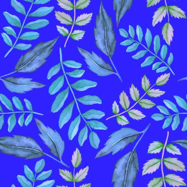 Vintage yapraklı suluboya desenli. Dekoratif tasarım için renkli yaprakları olan güzel bir botanik baskısı. Parlak bahar ya da yaz arkaplanı. Klasik düğün dekoru. Tekstil tasarımı.