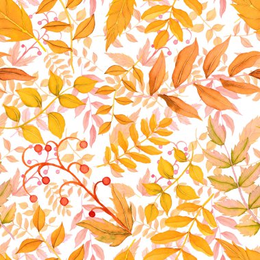 Vintage yapraklı suluboya desenli. Dekoratif tasarım için renkli yaprakları olan güzel bir botanik baskısı. Parlak bahar ya da yaz arkaplanı. Klasik düğün dekoru. Tekstil tasarımı.