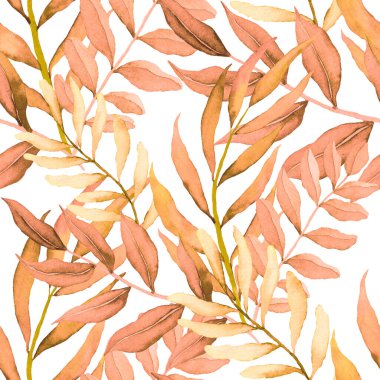 Vintage yapraklı suluboya desenli. Dekoratif tasarım için renkli yaprakları olan güzel bir botanik baskısı. Parlak bahar ya da yaz arkaplanı. Klasik düğün dekoru. Tekstil tasarımı.