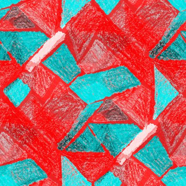 Renkli, soyut geometrik elementlerle yaratıcı, kusursuz desen. El yapımı doku. Grafik olarak soyut bir arkaplan. Çağdaş sanat. Moda modern tarzı.