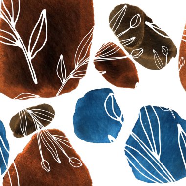 Çizgili sanat çiçekleri ve suluboya lekeleri olan yaratıcı kusursuz desen. Moda soyut modern vintage baskı.