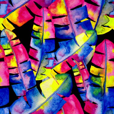  Renkli ve soyut tropikal yapraklı suluboya desenli. Egzotik bitkilerle dolu parlak yaz baskısı. Yaratıcı trend botanik tekstil tasarımı.