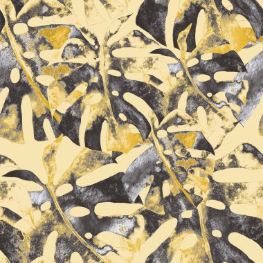  Renkli ve soyut tropikal yapraklı suluboya desenli. Egzotik bitkilerle dolu parlak yaz baskısı. Yaratıcı trend botanik tekstil tasarımı.