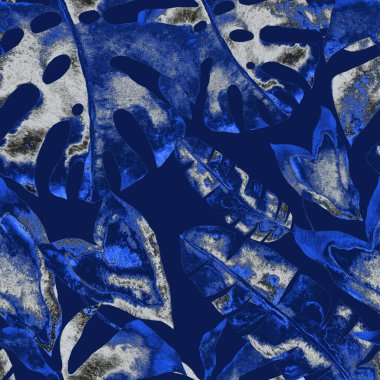  Renkli ve soyut tropikal yapraklı suluboya desenli. Egzotik bitkilerle dolu parlak yaz baskısı. Yaratıcı trend botanik tekstil tasarımı.