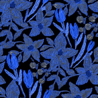 Balmumu pastel boyalarla çizilmiş soyut çiçekleri olan yaratıcı, pürüzsüz desen. Parlak renkli çiçek deseni.