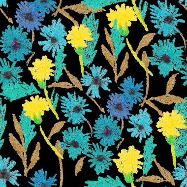 Balmumu pastel boyalarla çizilmiş soyut çiçekleri olan yaratıcı, pürüzsüz desen. Parlak renkli çiçek deseni.