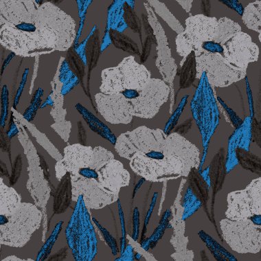 Balmumu pastel boyalarla çizilmiş soyut çiçekleri olan yaratıcı, pürüzsüz desen. Parlak renkli çiçek deseni.