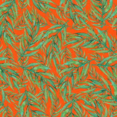 Vintage yapraklı suluboya desenli. Dekoratif tasarım için renkli yaprakları olan güzel bir botanik baskısı. Parlak bahar ya da yaz arkaplanı. Klasik düğün dekoru. Tekstil tasarımı.