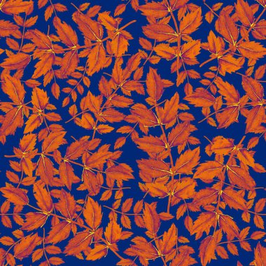 Vintage yapraklı suluboya desenli. Dekoratif tasarım için renkli yaprakları olan güzel bir botanik baskısı. Parlak bahar ya da yaz arkaplanı. Klasik düğün dekoru. Tekstil tasarımı.