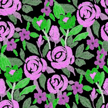 Balmumu pastel boyalarla çizilmiş soyut çiçekleri olan yaratıcı, pürüzsüz desen. Parlak renkli çiçek deseni.