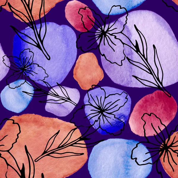 ラインアートの花や水彩の汚れに葉との創造的なシームレスなパターン トレンディ抽象的な現代ヴィンテージ Print — ストック写真
