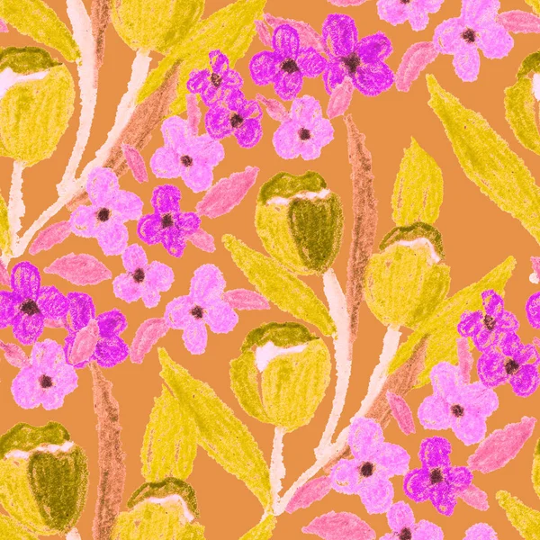 Creative Seamless Pattern Abstract Flowers Drawn Wax Crayons Bright Colorful — Stock Photo, Image