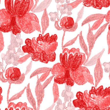 Balmumu pastel boyalarla çizilmiş soyut çiçekleri olan yaratıcı, pürüzsüz desen. Parlak renkli çiçek deseni.