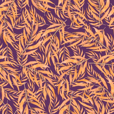 Vintage yapraklı suluboya desenli. Dekoratif tasarım için renkli yaprakları olan güzel bir botanik baskısı. Parlak bahar ya da yaz arkaplanı. Klasik düğün dekoru. Tekstil tasarımı.