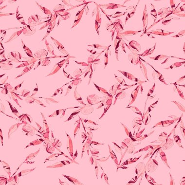 Vintage yapraklı suluboya desenli. Dekoratif tasarım için renkli yaprakları olan güzel bir botanik baskısı. Parlak bahar ya da yaz arkaplanı. Klasik düğün dekoru. Tekstil tasarımı.