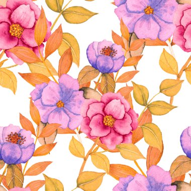 Çiçeklerle suluboya kusursuz desen. Klasik çiçek desenleri. Çiçeksiz desen. Botanik sanatı. Çiçek botanik koleksiyonu. Çiçek seti. Suluboya botanik tasarımı.