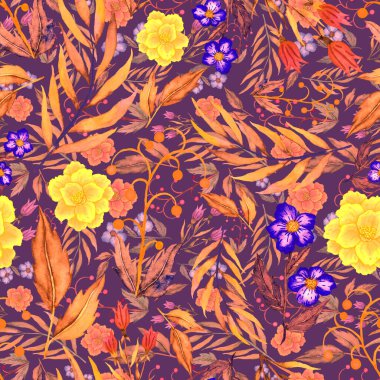 Çiçeklerle suluboya kusursuz desen. Klasik çiçek desenleri. Çiçeksiz desen. Botanik sanatı. Çiçek botanik koleksiyonu. Çiçek seti. Suluboya botanik tasarımı.