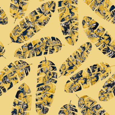 Renkli ve soyut tropikal yapraklı suluboya desenli. Egzotik bitkilerle dolu parlak yaz baskısı. Yaratıcı trend botanik tekstil tasarımı.