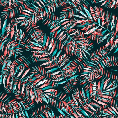 Renkli ve soyut tropikal yapraklı suluboya desenli. Egzotik bitkilerle dolu parlak yaz baskısı. Yaratıcı trend botanik tekstil tasarımı.