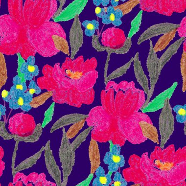 Balmumu pastel boyalarla çizilmiş soyut çiçekleri olan yaratıcı, pürüzsüz desen. Parlak renkli çiçek deseni.