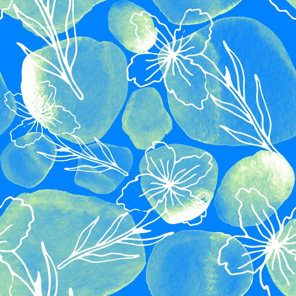 Creatief Naadloos Patroon Met Lijnkunstbloemen Bladeren Aquarelvlekken Trendy Abstracte Moderne — Stockfoto