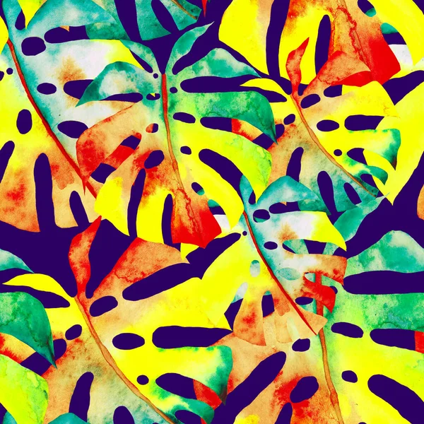 Renkli Soyut Tropikal Yapraklı Suluboya Desenli Egzotik Bitkilerle Dolu Parlak — Stok fotoğraf