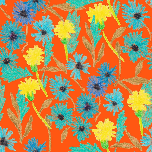 Balmumu pastel boyalarla çizilmiş soyut çiçekleri olan yaratıcı, pürüzsüz desen. Parlak renkli çiçek deseni.