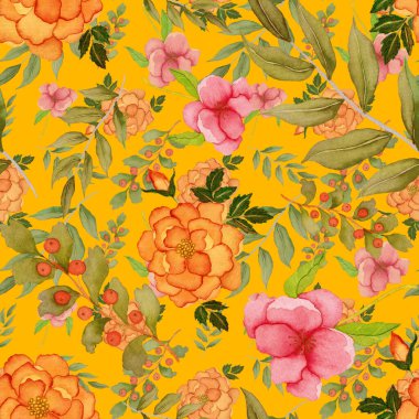 Çiçeklerle suluboya kusursuz desen. Klasik çiçek desenleri. Çiçeksiz desen. Botanik sanatı. Çiçek botanik koleksiyonu. Çiçek seti. Suluboya botanik tasarımı.