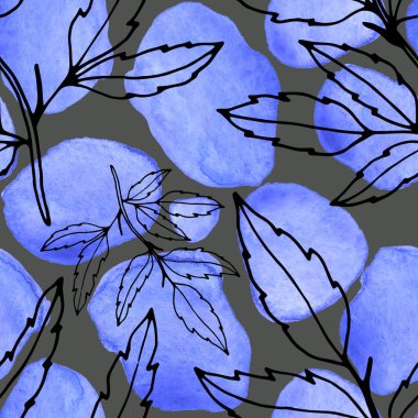 Çizgili sanat çiçekleri ve suluboya lekeleri olan yaratıcı kusursuz desen. Moda soyut modern vintage baskı.