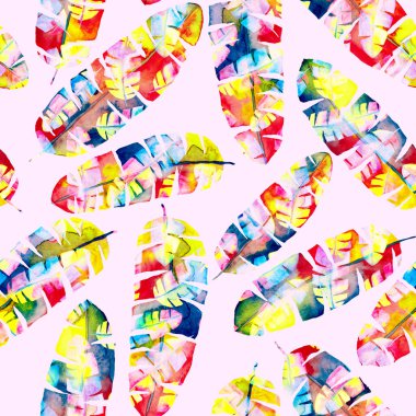 Renkli ve soyut tropikal yapraklı suluboya desenli. Egzotik bitkilerle dolu parlak yaz baskısı. Yaratıcı trend botanik tekstil tasarımı.