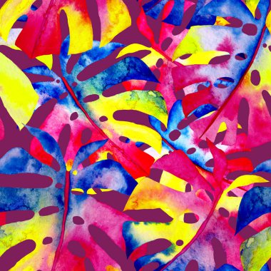 Renkli ve soyut tropikal yapraklı suluboya desenli. Egzotik bitkilerle dolu parlak yaz baskısı. Yaratıcı trend botanik tekstil tasarımı.