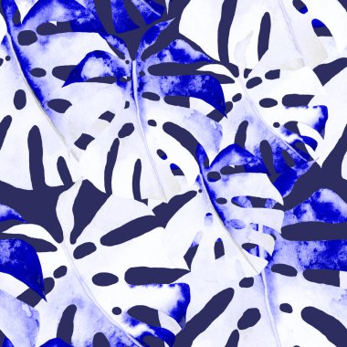 Renkli ve soyut tropikal yapraklı suluboya desenli. Egzotik bitkilerle dolu parlak yaz baskısı. Yaratıcı trend botanik tekstil tasarımı.