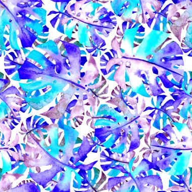 Renkli ve soyut tropikal yapraklı suluboya desenli. Egzotik bitkilerle dolu parlak yaz baskısı. Yaratıcı trend botanik tekstil tasarımı.