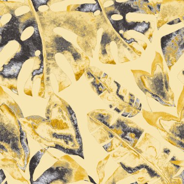 Renkli ve soyut tropikal yapraklı suluboya desenli. Egzotik bitkilerle dolu parlak yaz baskısı. Yaratıcı trend botanik tekstil tasarımı.