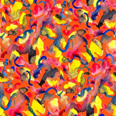 Suluboya, soyut, kusursuz desen. Parlak el yapımı elementlerle yaratıcı doku. Soyut renkli yazdırma.