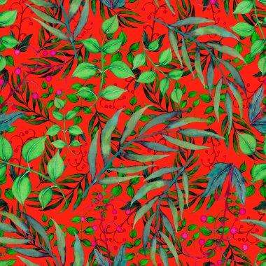 Vintage yapraklı suluboya desenli. Dekoratif tasarım için renkli yaprakları olan güzel bir botanik baskısı. Parlak bahar ya da yaz arkaplanı. Klasik düğün dekoru. Tekstil tasarımı.