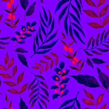 Vintage yapraklı suluboya desenli. Dekoratif tasarım için renkli yaprakları olan güzel bir botanik baskısı. Parlak bahar ya da yaz arkaplanı. Klasik düğün dekoru. Tekstil tasarımı.