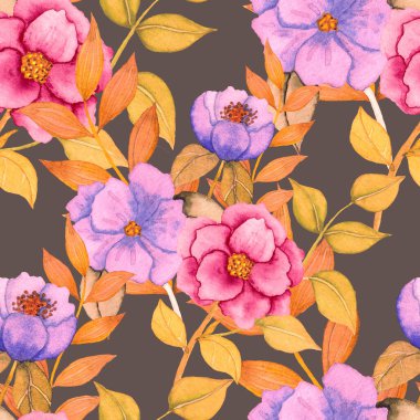 Çiçeklerle suluboya kusursuz desen. Klasik çiçek desenleri. Çiçeksiz desen. Botanik sanatı. Çiçek botanik koleksiyonu. Çiçek seti. Suluboya botanik tasarımı.