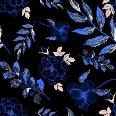 Çiçeklerle suluboya kusursuz desen. Klasik çiçek desenleri. Çiçeksiz desen. Botanik sanatı. Çiçek botanik koleksiyonu. Çiçek seti. Suluboya botanik tasarımı.